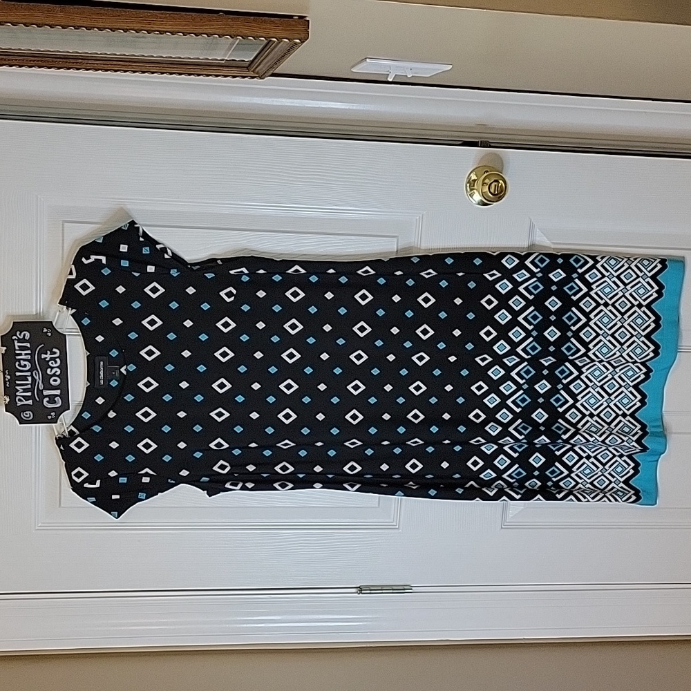 Liz Claiborne Dress Medium Cap Sleeve Black White Teal Diamond